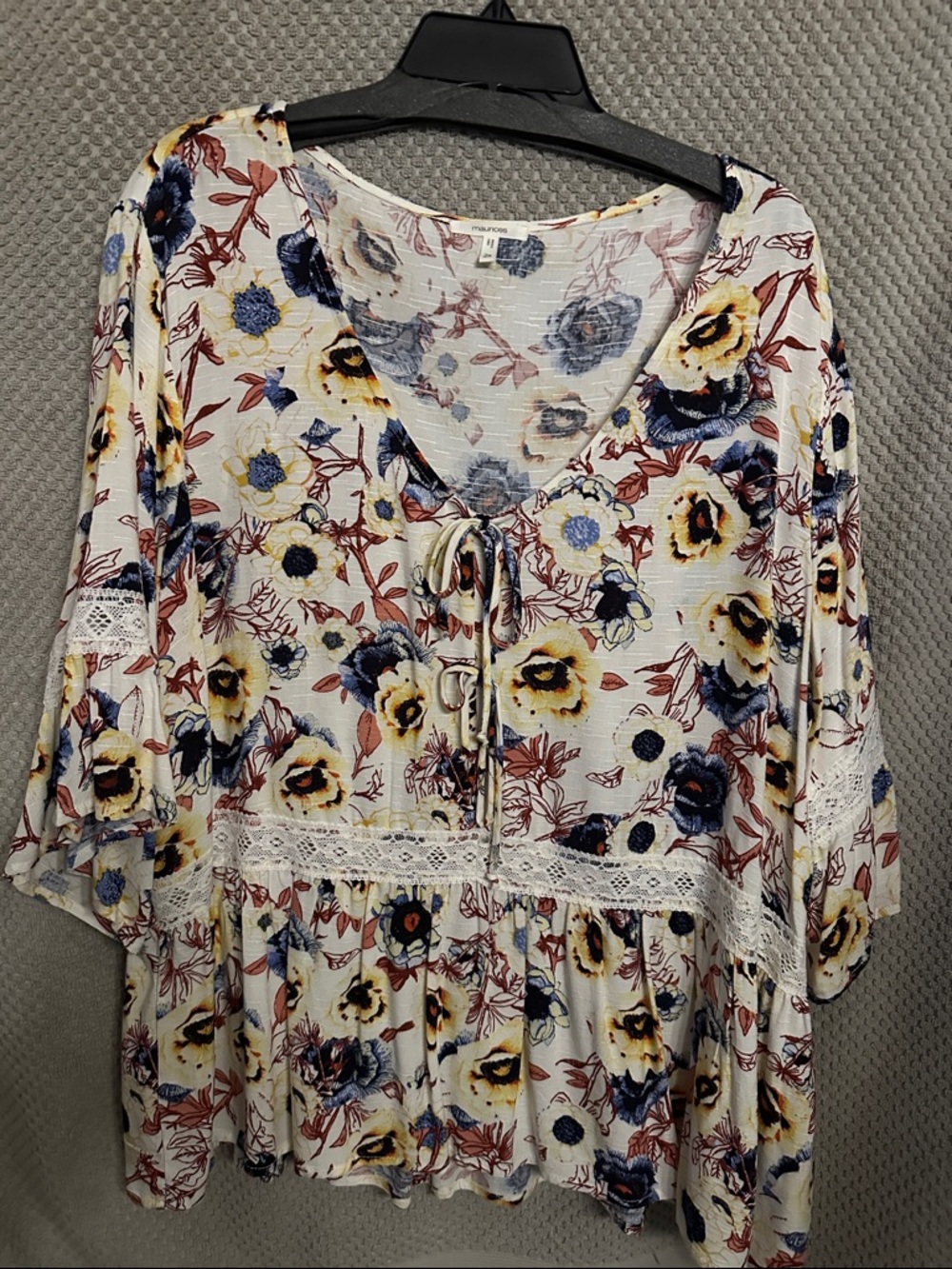 Maurices Cream Floral Lace-Trim Peasant Tunic with Yellow & Blue Flowers. Plus
